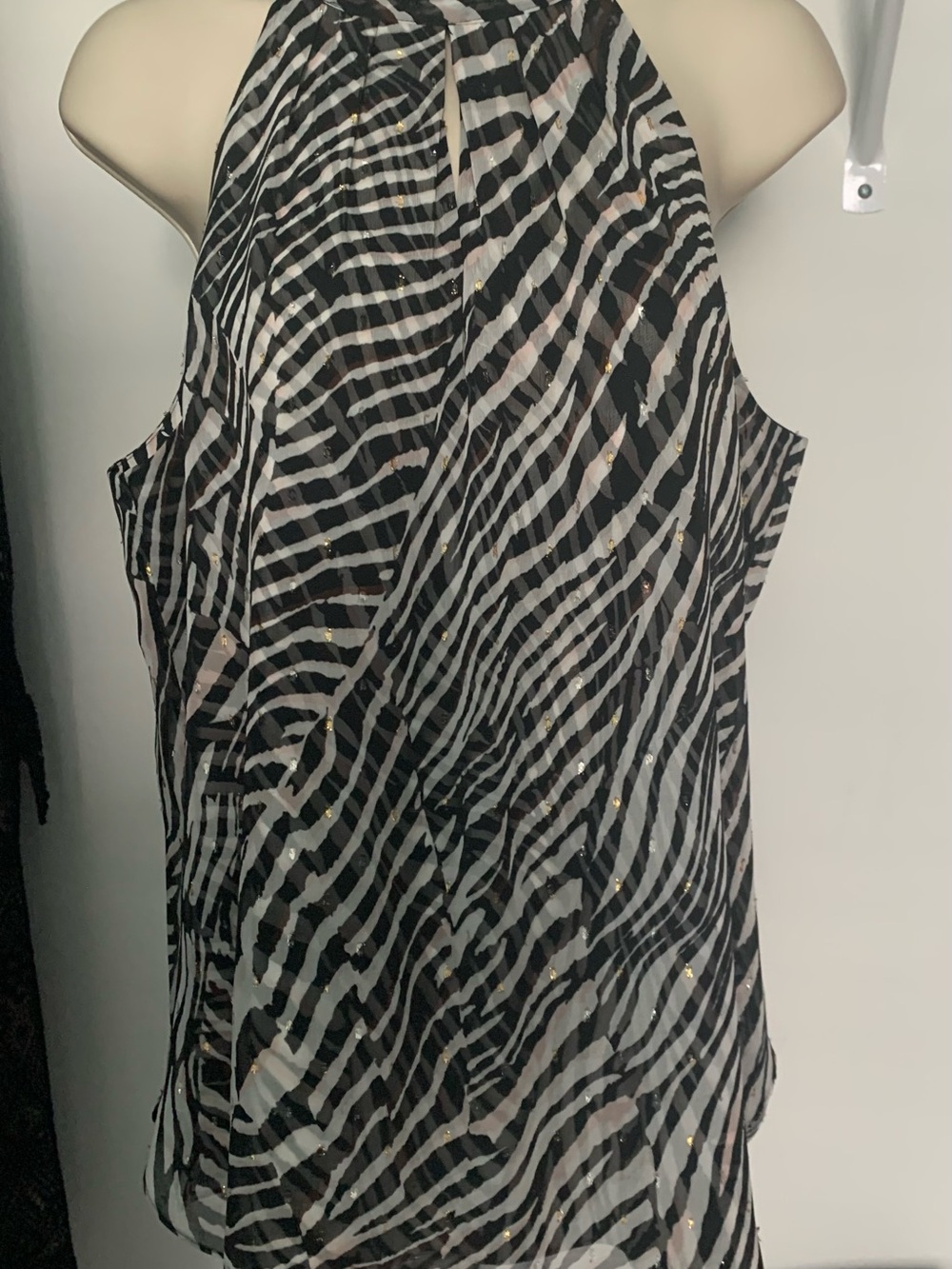White House Black Market Black and White Zebra Halter Blouse with Gold Accents